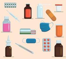 colección de botellas de medicina. Conjunto de medicamentos, tabletas, cápsulas y aerosoles. vector