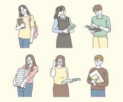 A collection of student characters holding books. hand drawn style vector design illustrations.