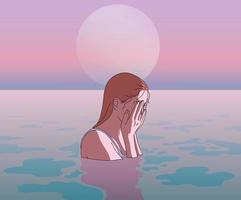 A woman holds her body halfway in the water and covers her face with both hands. hand drawn style vector design illustrations.