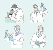 A researcher in a white gown is conducting an experiment. hand drawn style vector design illustrations.