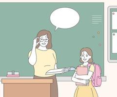 The teacher is speaking in front of the blackboard and a transfer student is standing next to it. hand drawn style vector design illustrations.