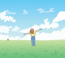 A woman is standing with arms wide open in a clear sky and a wide field. hand drawn style vector design illustrations.