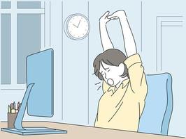 A woman stretching while yawning in front of a computer. hand drawn style vector design illustrations.