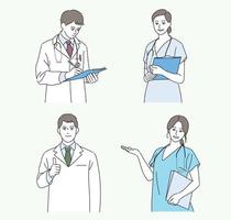 The doctors are smiling and making gestures. hand drawn style vector design illustrations.