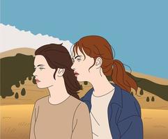 fondo natural. dos mujeres de pie en el viento. ilustraciones de diseño de vectores de estilo dibujado a mano.