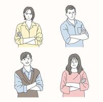 A collection of people with arms folded. drawn style vector design illustrations.