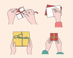 Hand wrapping a gift and writing a card. hand drawn style vector design illustrations.