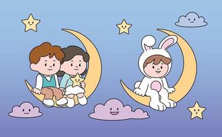 A couple and a rabbit are sitting on a crescent moon. hand drawn style vector design illustrations.