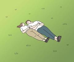 A couple is lying together on a large lawn. hand drawn style vector design illustrations.