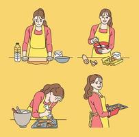 A woman is baking cookies. hand drawn style vector design illustrations.