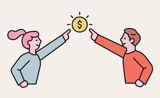 The woman and the man are stretching their fingers towards the money. flat design style minimal vector illustration.