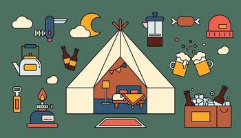 Romantic camping in Mongolian ger. Beer and a variety of camping equipment. outline simple vector illustration.