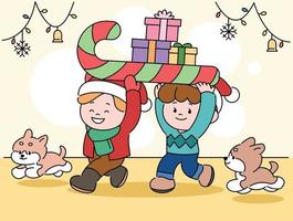 Cute children are carrying presents and puppies are following them. hand drawn style vector design illustrations.