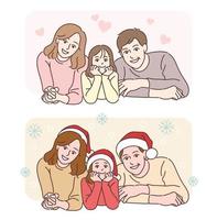 The mother, father, and daughter are showing happy expressions. hand drawn style vector design illustrations.