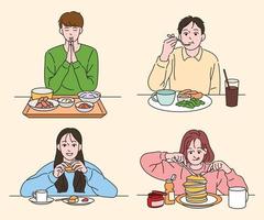 personas que comen una variedad de alimentos. ilustraciones de diseño de vectores de estilo dibujado a mano.