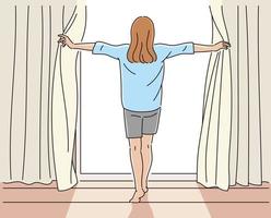 A woman is opening the curtains wide. hand drawn style vector design illustrations.