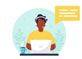 Black man with headphones working on computer. Customer service, assistant, support, call center concept. Vector illustration.