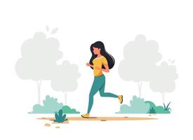 mujer corriendo en el parque. estilo de vida saludable, deporte, concepto de actividad al aire libre. ilustración vectorial. vector