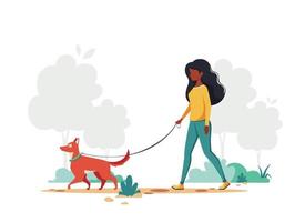 Black woman walking with dog in the park. Outdoor activity concept. Vector illustration.