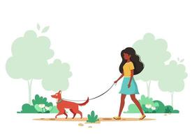 Black woman walking with dog in spring. Outdoor activity concept. Vector illustration.