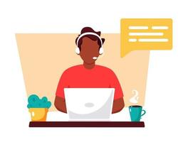 Black man with headphones working on computer. Customer service, assistant, support, call center concept. Vector illustration.