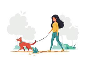 Woman walking with dog. Outdoor activity concept. Vector illustration.