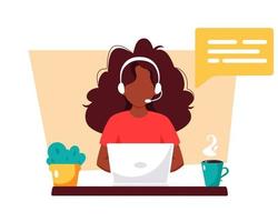 Black woman with headphones working on computer. Customer service, assistant, support, call center concept. Vector illustration.