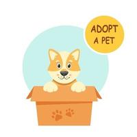 Adopt a pet. Cute puppy in the box. Vector illustration in flat style.