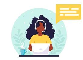 Black woman with headphones working on computer. Customer service, assistant, support, call center concept. Vector illustration.