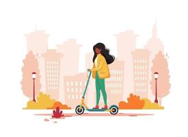 Black woman riding electric kick scooter in autumn. Eco transport concept. Vector illustration.