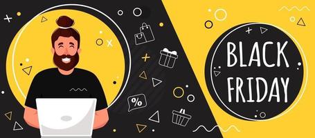 Black friday banner. Man with laptop doing online shopping. Vector illustration