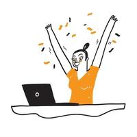 Portrait of an excited young girl with laptop vector