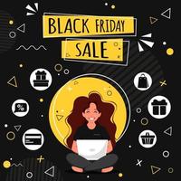 Black friday banner. Woman with laptop doing online shopping. Vector illustration