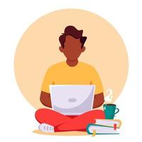 Black man working on laptop. Freelance, remote working, online studying, work from home. Vector illustration.