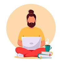 Man working on laptop. Freelance, remote working, online studying, work from home concept. Vector illustration in flat style.