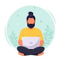 Man working on laptop. Freelance, remote working, online studying, work from home concept. Vector illustration in flat style.