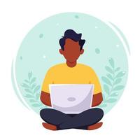 Black man working on laptop. Freelance, remote working, online studying, work from home concept. Vector illustration