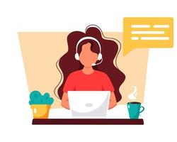 Woman with headphones working on computer. Customer service, assistant, support, call center concept. Vector illustration.