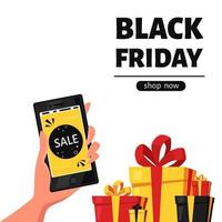 Black friday banner. Online shopping, purchases and gifts. Vector illustration in flat style.