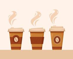 Coffee to go. Paper cups of coffee.  Coffee time. Vector illustration in flat style.