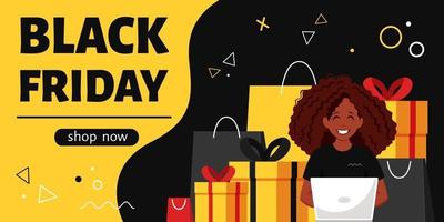 Black friday banner. Black woman with laptop doing online shopping. Vector illustration