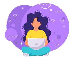 Woman working on laptop. Freelance, online studying, remote work. Vector illustration