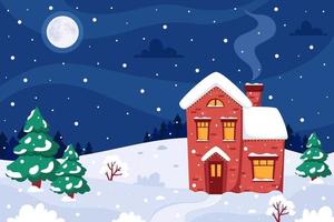 Winter landscape with house, fir-trees, moon. Vector illustration.