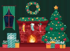 Christmas fireplace with fir tree, gifts, wreath, stockings, garland. Vector illustration.