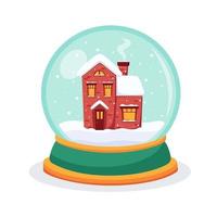 Christmas snow globe with a house inside. Snow globe sphere. Vector illustration.