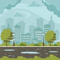 Rain on city background. Rainy and windy day. Vector illustration in flat style.