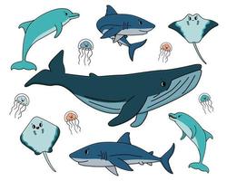 Set of vector outline cartoon ocean and sea happy animals. Whale, dolphin, shark, stingray of two types, jellyfish have eyes and mouth, they are isolated, white background. Can be used for kids book