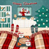 Christmas pizza, cocoa with marshmallows, TV set, bookcase, tree, bed with plaid, toys, gifts are in the room. Two people are watching movies under the plaid in knitted socks vector