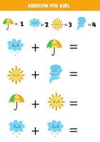 Addition for kids with cute kawaii weather elements. vector