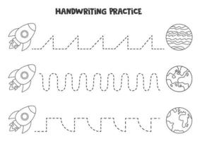 Tracing lines with cute black and white rocket and planets. Writing practice. vector